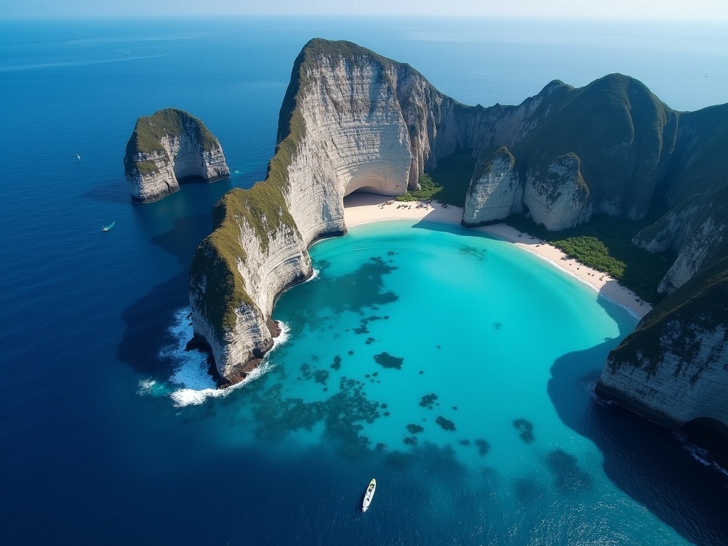 Aerial view of Nusa Penida's dramatic west-coast cliffs and turquoise bay from above
