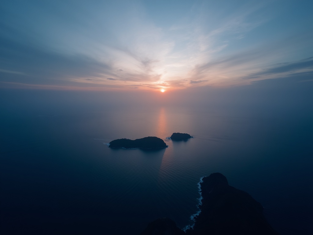 Twilight aerial over the Badung Strait between Bali and Nusa Penida at dusk