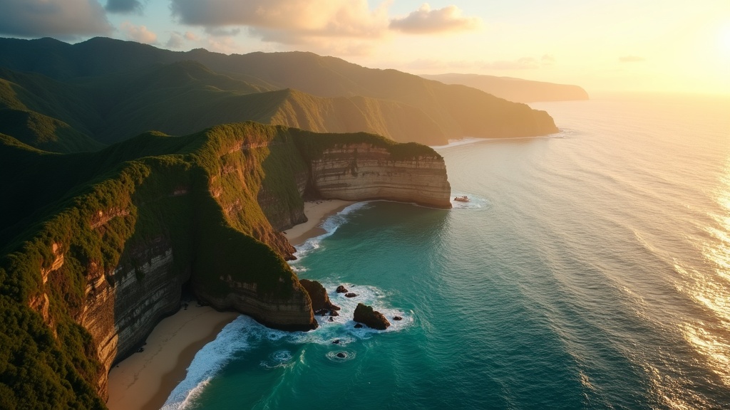 Golden-hour aerial view along South Bali's limestone sea-cliffs and turquoise coastline from helicopter altitude